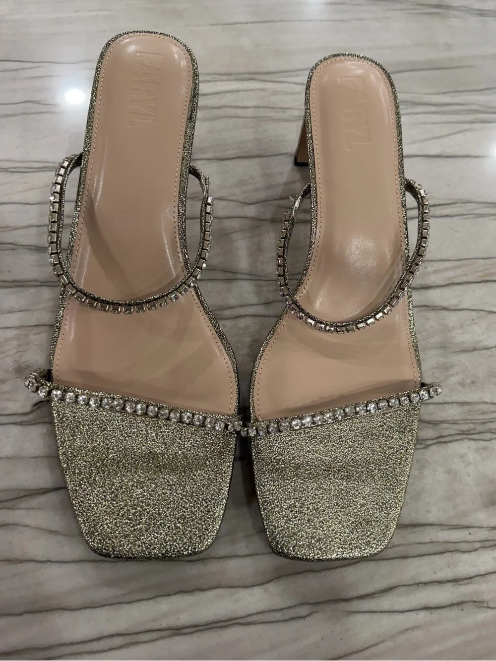 FARYL by Farylrobin Alexandra Gold Rhinestone Block Heel Sandals Size 13 NIB
